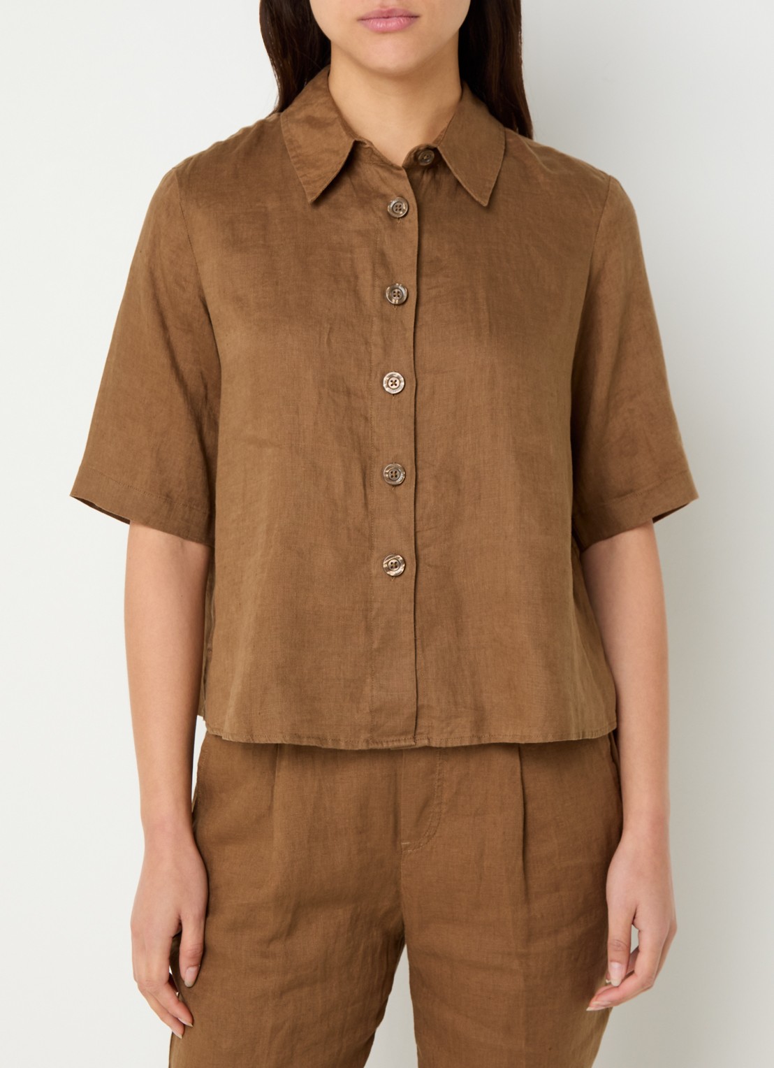 Benetton Blouse van linnen  - detail cognac