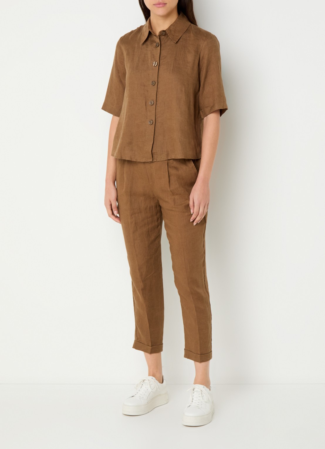 Benetton Blouse van linnen  - voorkant 4 cognac
