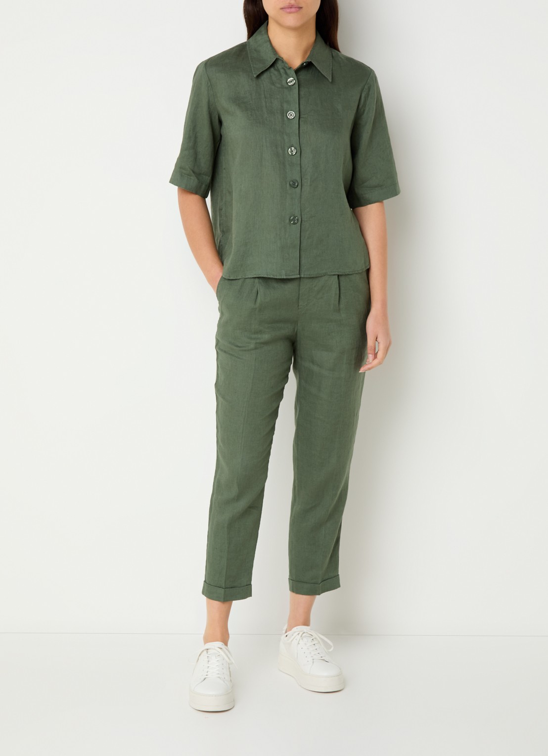 Benetton Blouse van linnen  - voorkant 3 donkergroen
