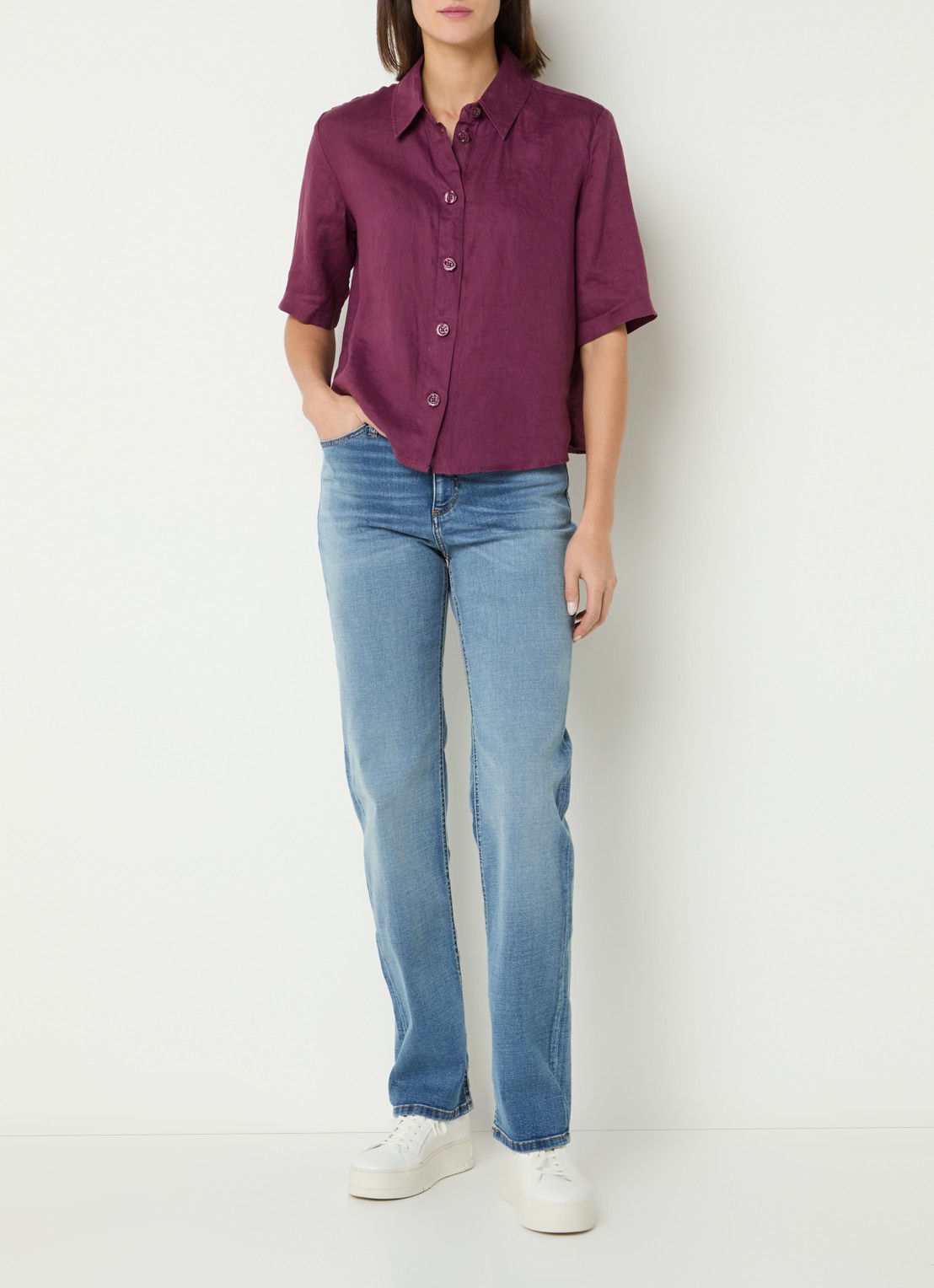 Benetton Blouse van linnen  - voorkant 3 aubergine