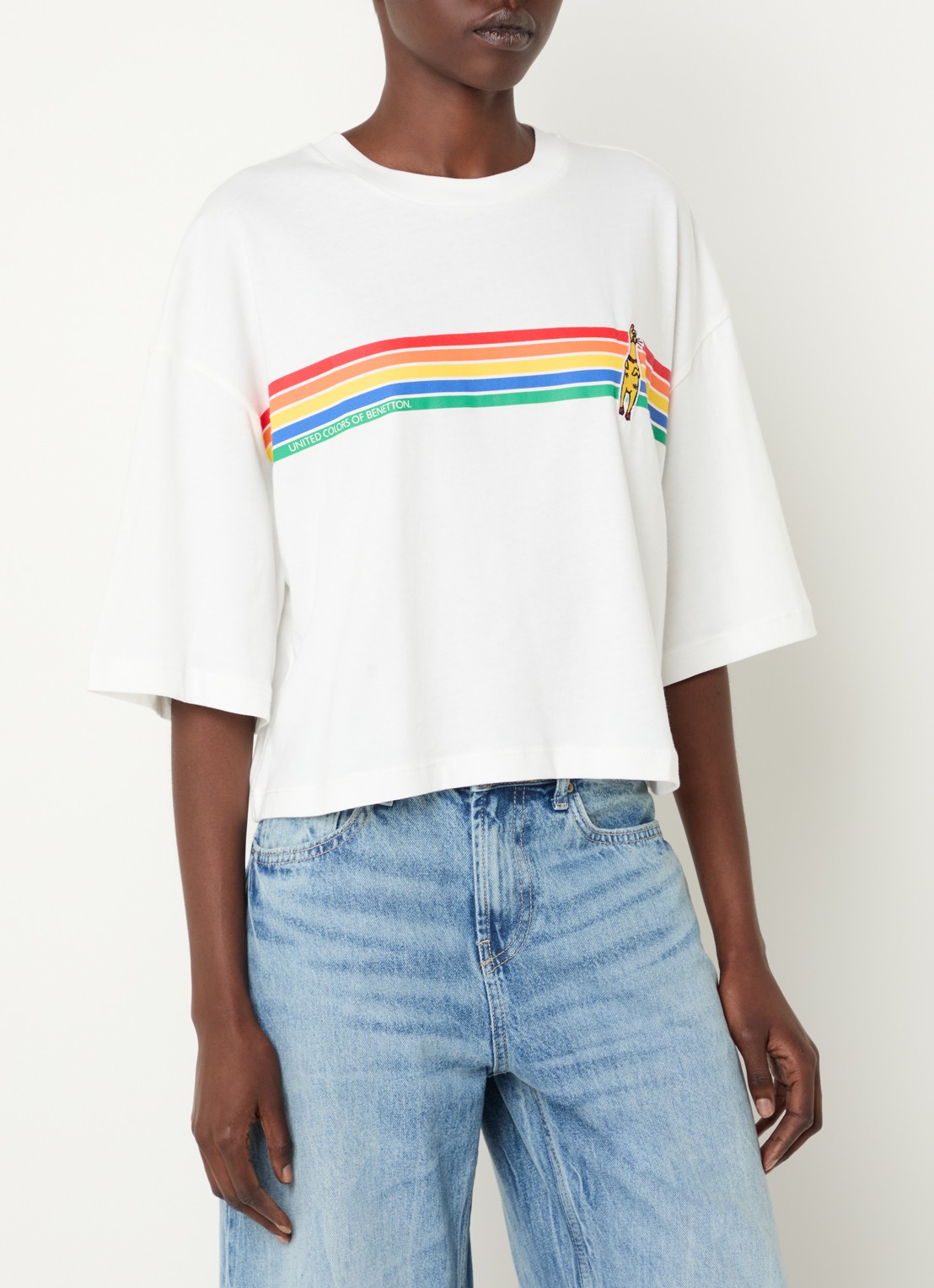 Benetton Cropped T-shirt met logo- en backprint - detail gebroken wit