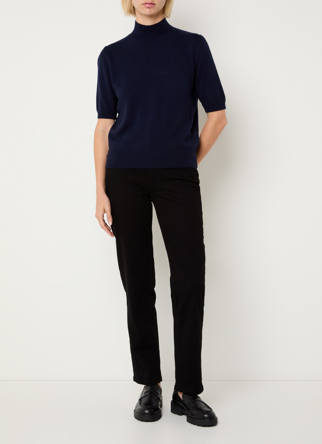 Benetton Fijngebreid T-shirt in kasjmierblend met ronde hals - voorkant 3 donkerblauw