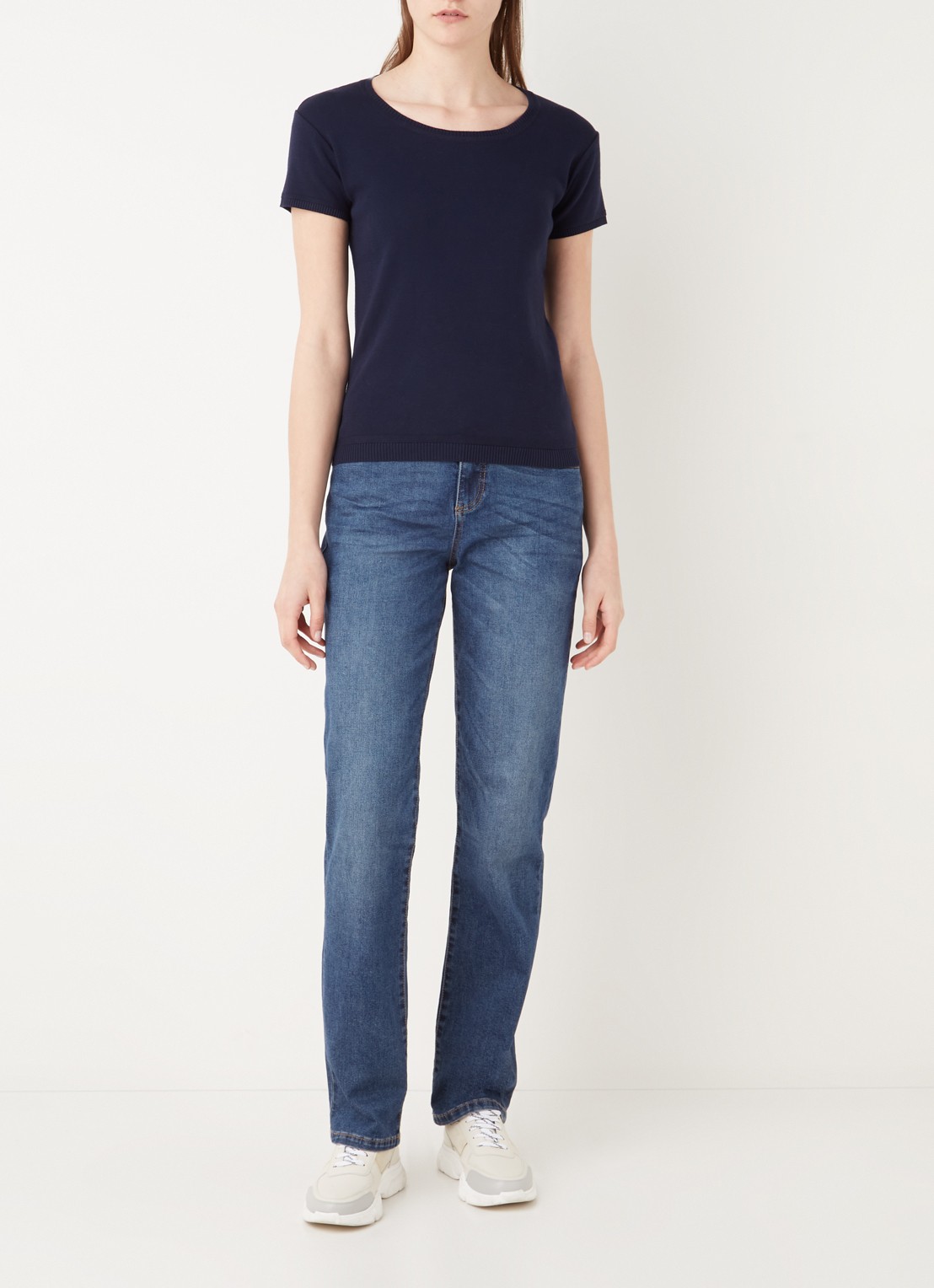 Benetton Fijngebreid T-shirt met ronde hals - voorkant 4 donkerblauw