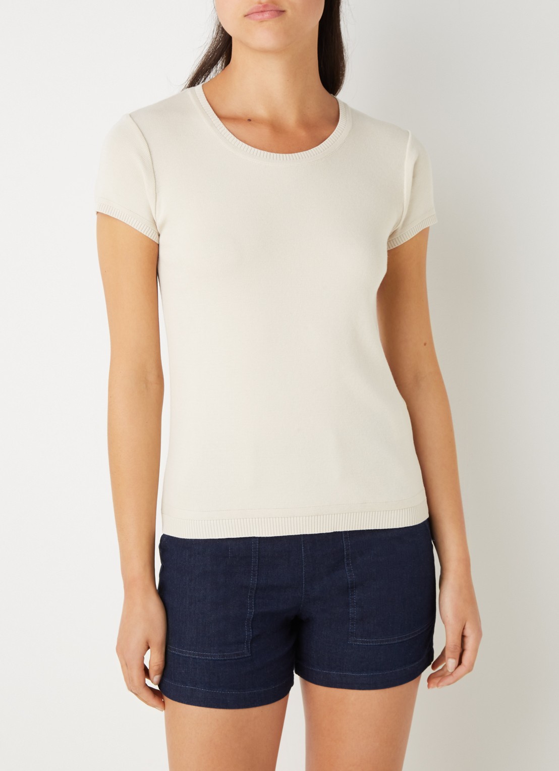 Benetton Fijngebreid T-shirt met ronde hals - detail zand