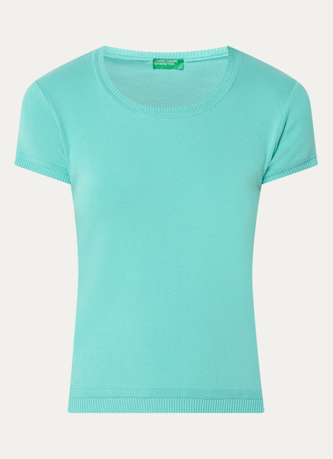 Benetton Fijngebreid T-shirt met ronde hals - voorkant 2 turquoise
