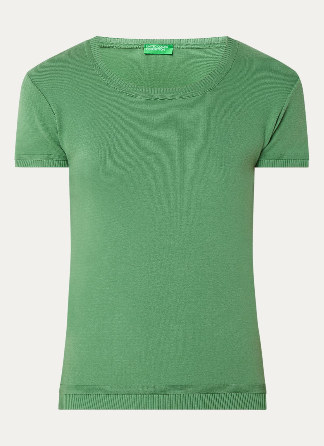 Benetton Fijngebreid T-shirt met ronde hals - voorkant olijfgroen