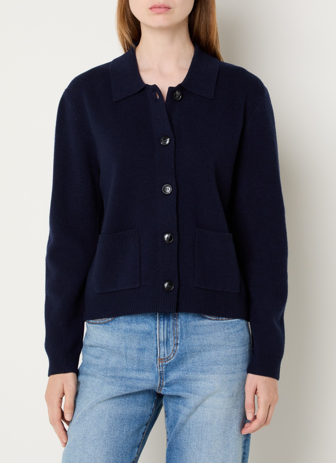 Benetton Fijngebreid vest in kasjmierblend met kraag en opgestikte zakken - detail donkerblauw