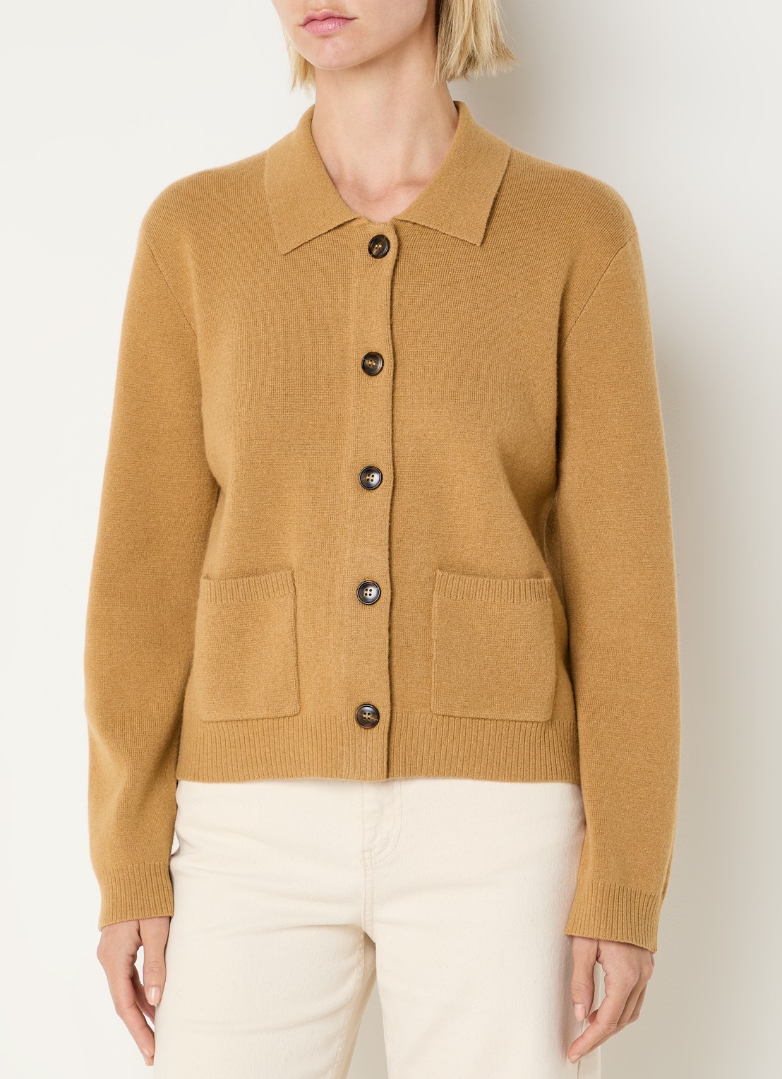 Benetton Fijngebreid vest in kasjmierblend met kraag en opgestikte zakken - detail camel