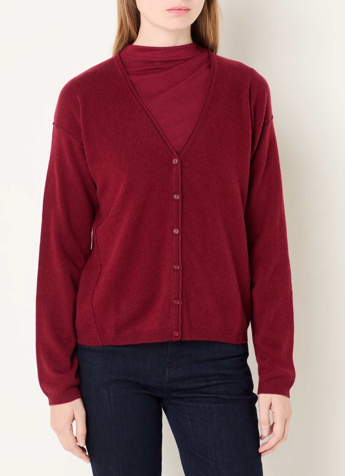 Benetton Fijngebreid vest in kasjmierblend met V-hals - detail 4 bordeauxrood