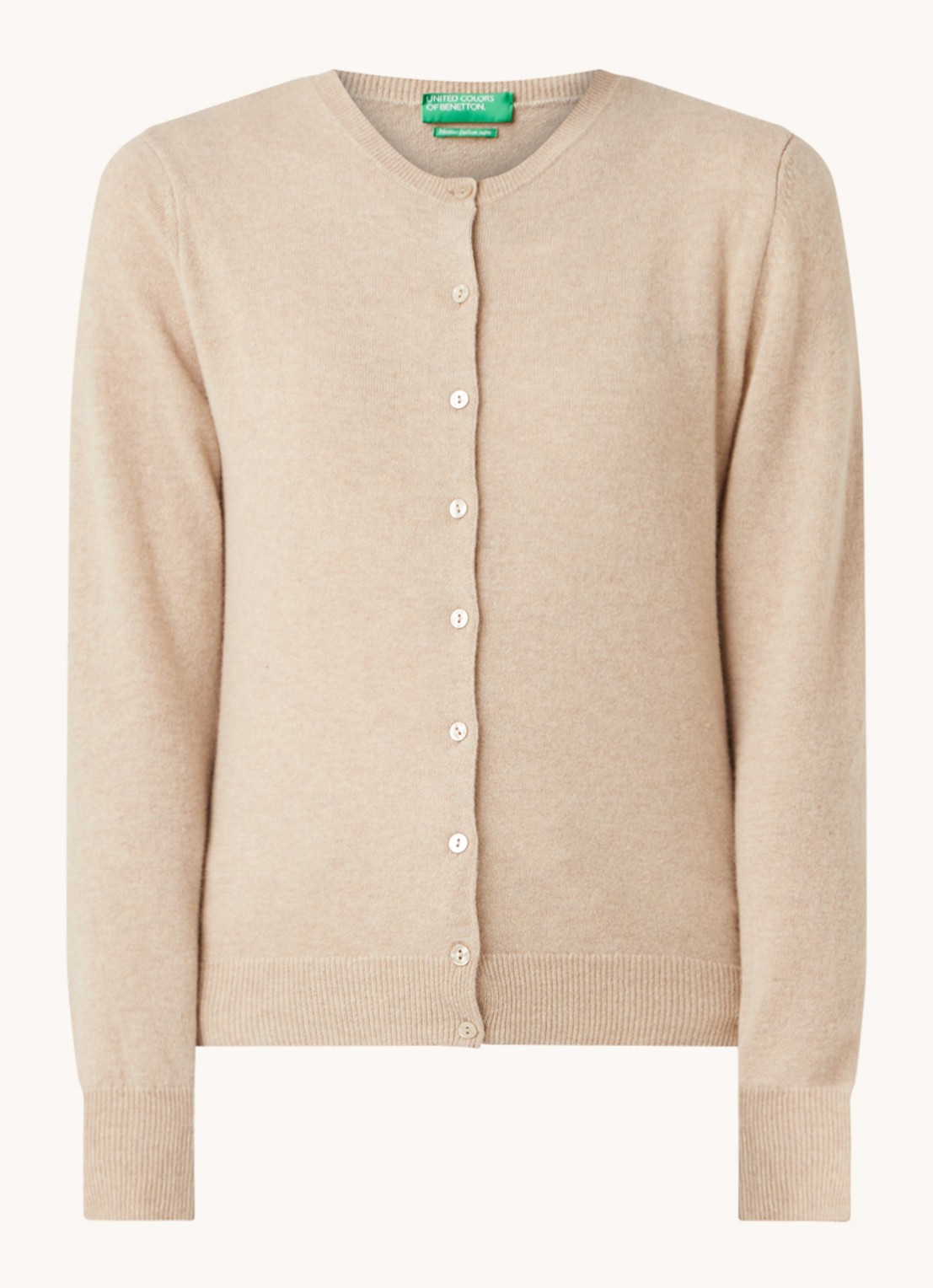 Benetton Fijngebreid vest van scheerwol met ronde hals - voorkant 3 camelmelee-562 / beige