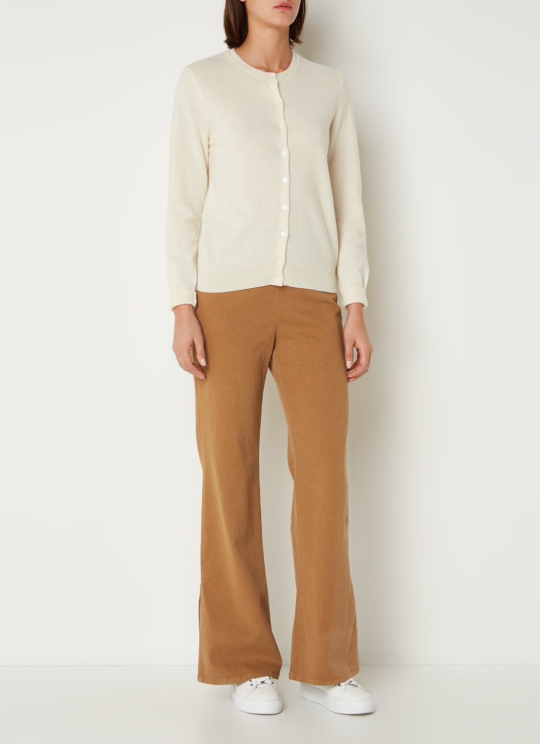 Benetton Fijngebreid vest van scheerwol met ronde hals - voorkant ecru-000 / beige