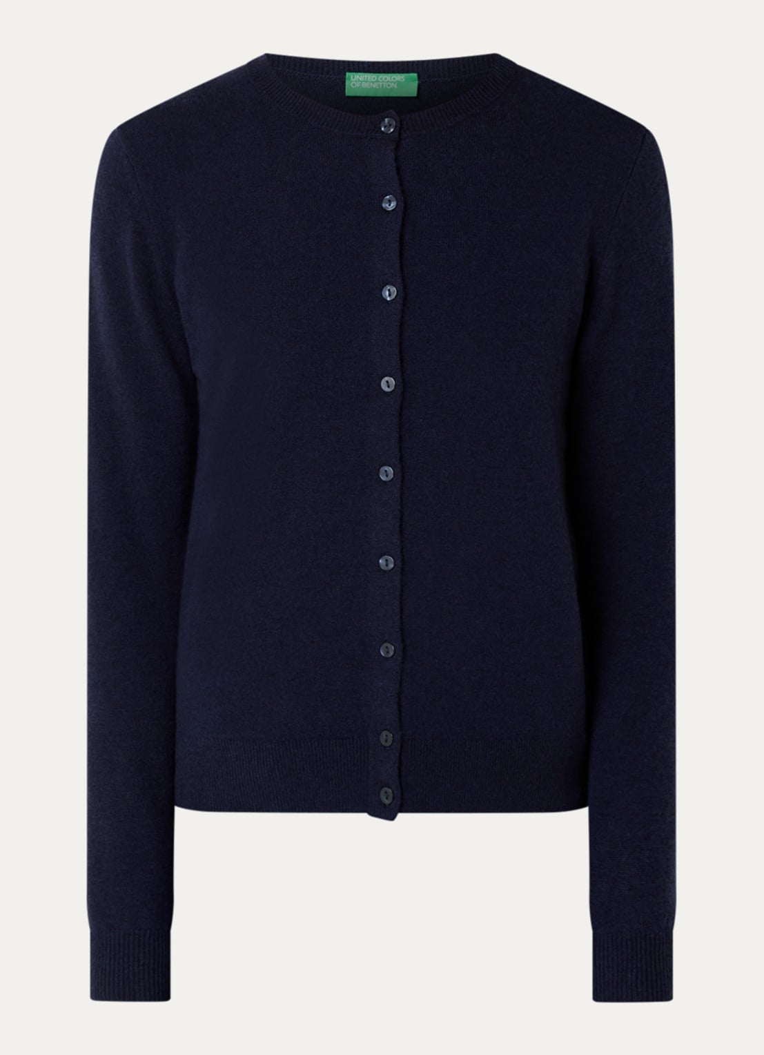 Benetton Fijngebreid vest van scheerwol met ronde hals - voorkant donkerblauw