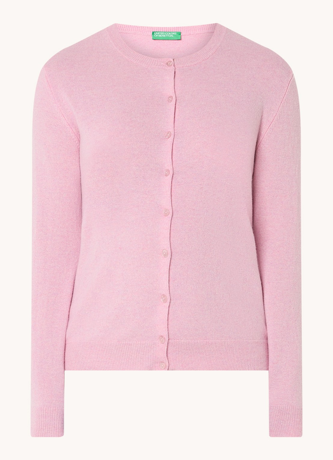 Benetton Fijngebreid vest van scheerwol met ronde hals - voorkant 2 lichtroze melee / lichtroze
