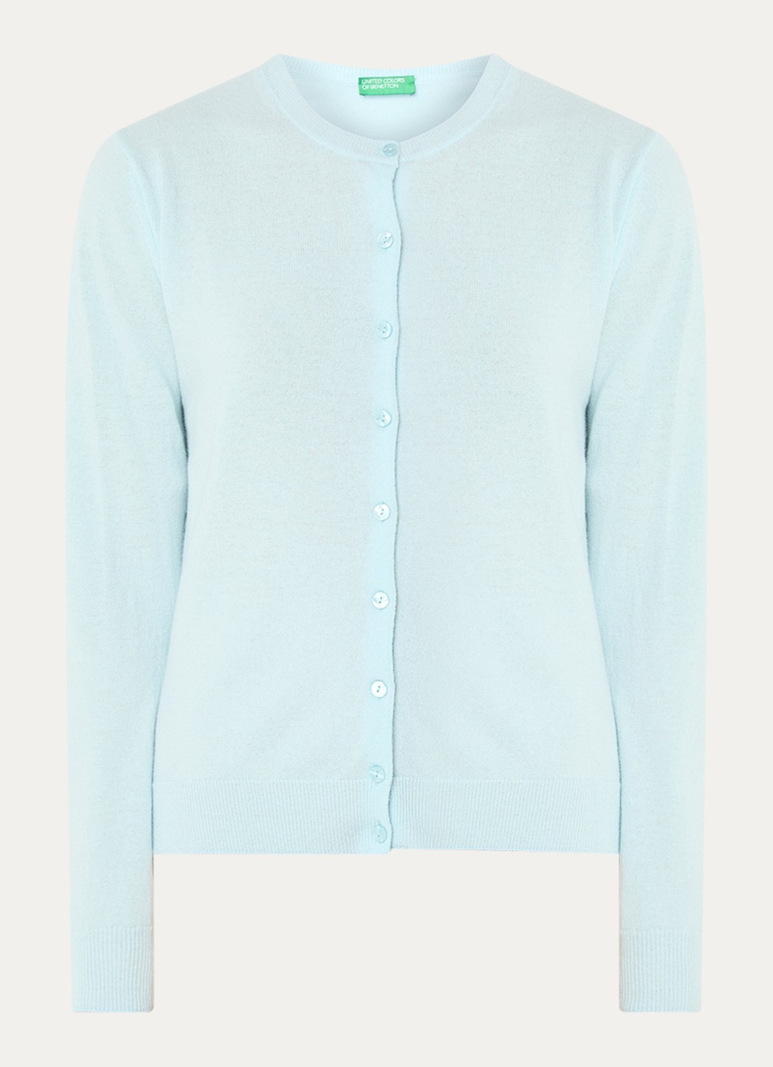 Benetton Fijngebreid vest van scheerwol met ronde hals - voorkant 2 lichtblauw-24a / lichtblauw