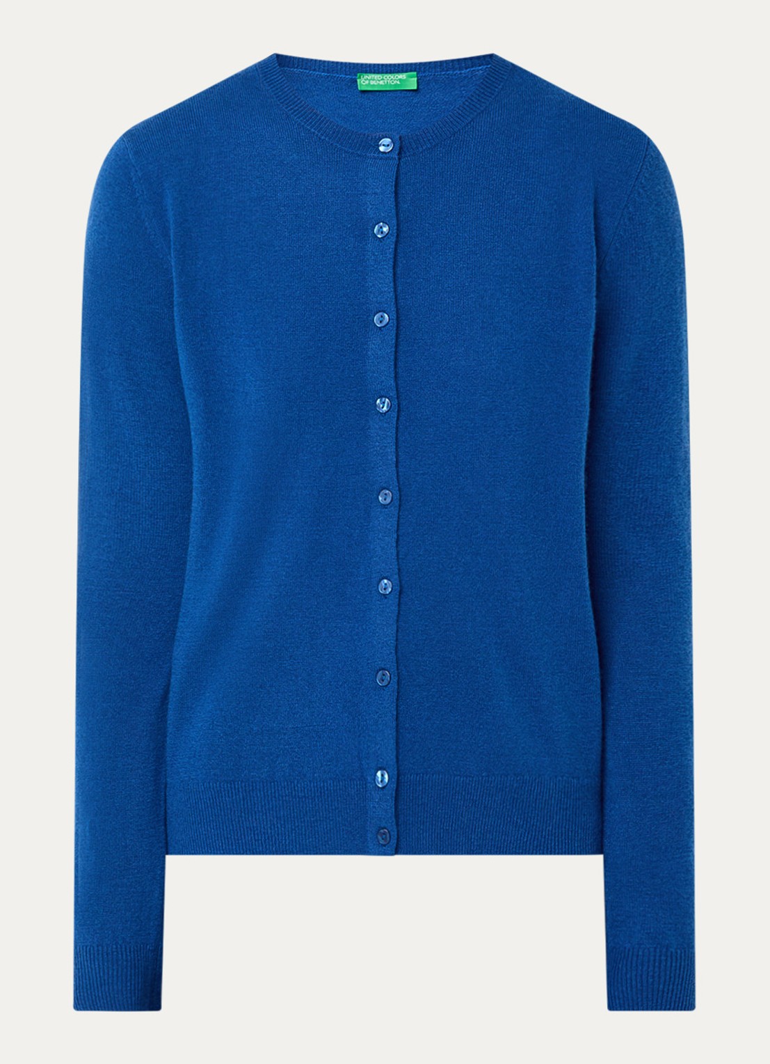 Benetton Fijngebreid vest van scheerwol met ronde hals - voorkant 2 korenblauw-23t / kobaltblauw