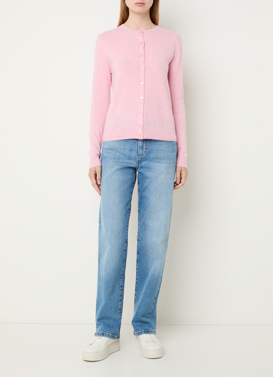 Benetton Fijngebreid vest van scheerwol met ronde hals - voorkant 3 lichtroze melee-5t9 / lichtroze