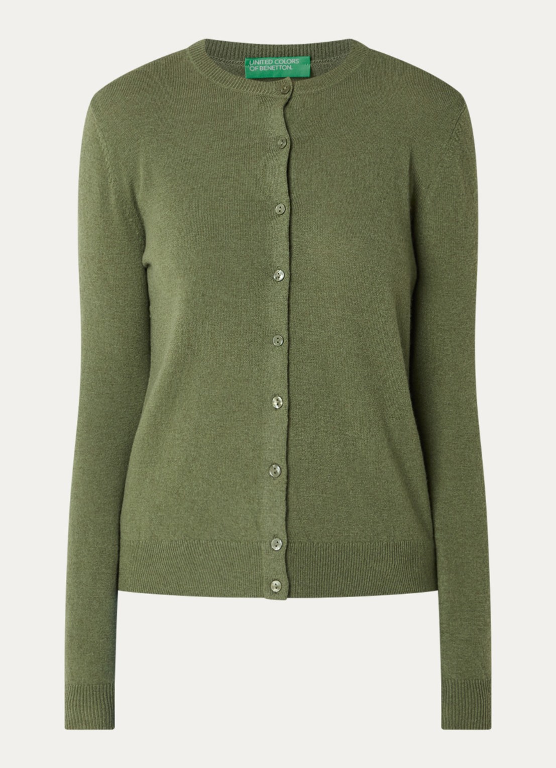 Benetton Fijngebreid vest van scheerwol met ronde hals - voorkant 2 groen-15r / legergroen