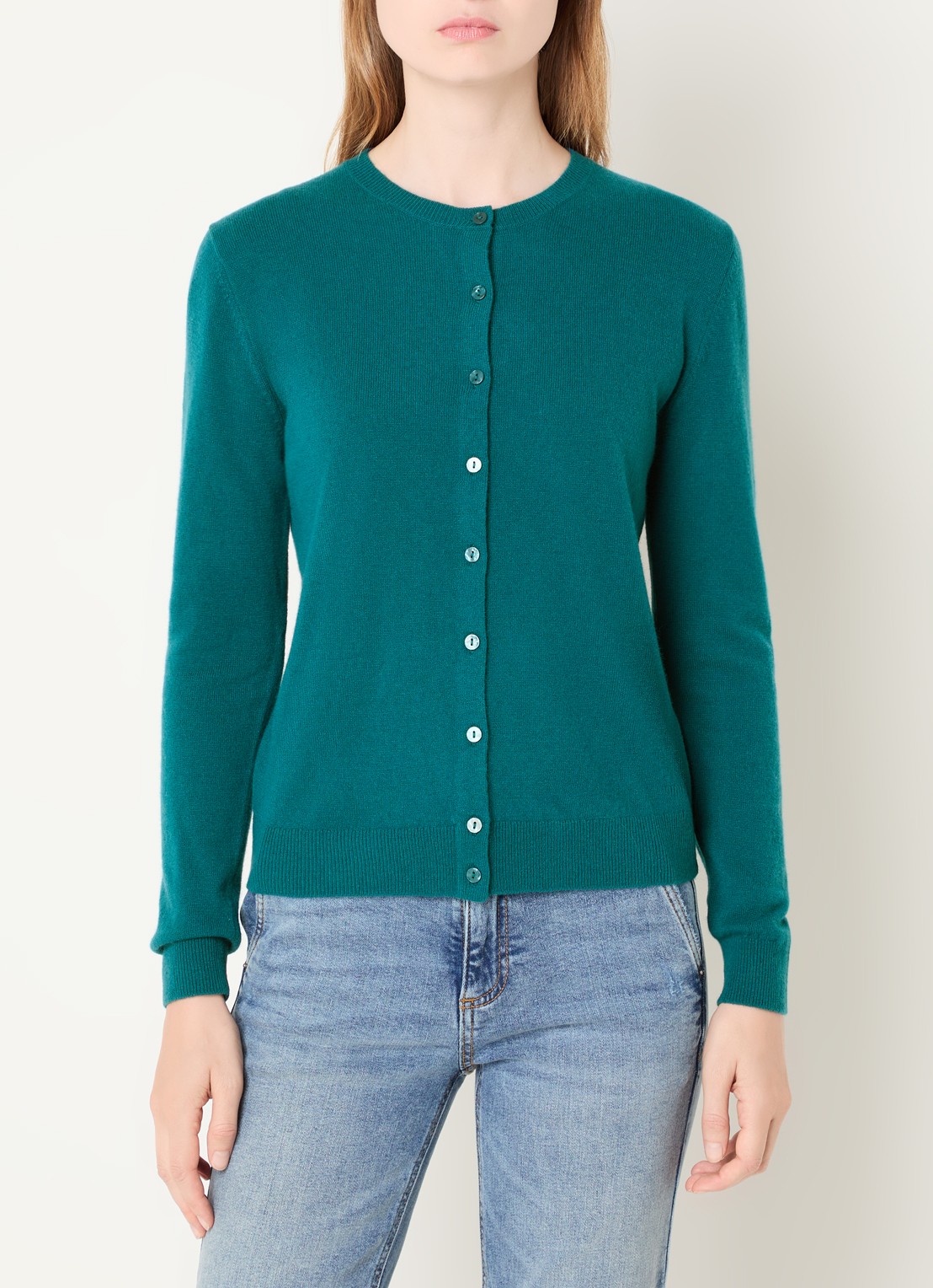 Benetton Fijngebreid vest van scheerwol met ronde hals - detail petrol-089