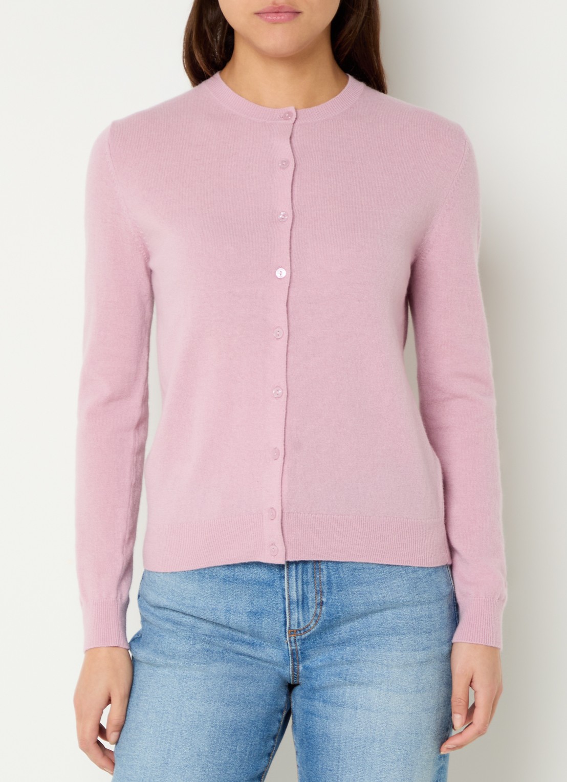 Benetton Fijngebreid vest van scheerwol met ronde hals - detail oudroze