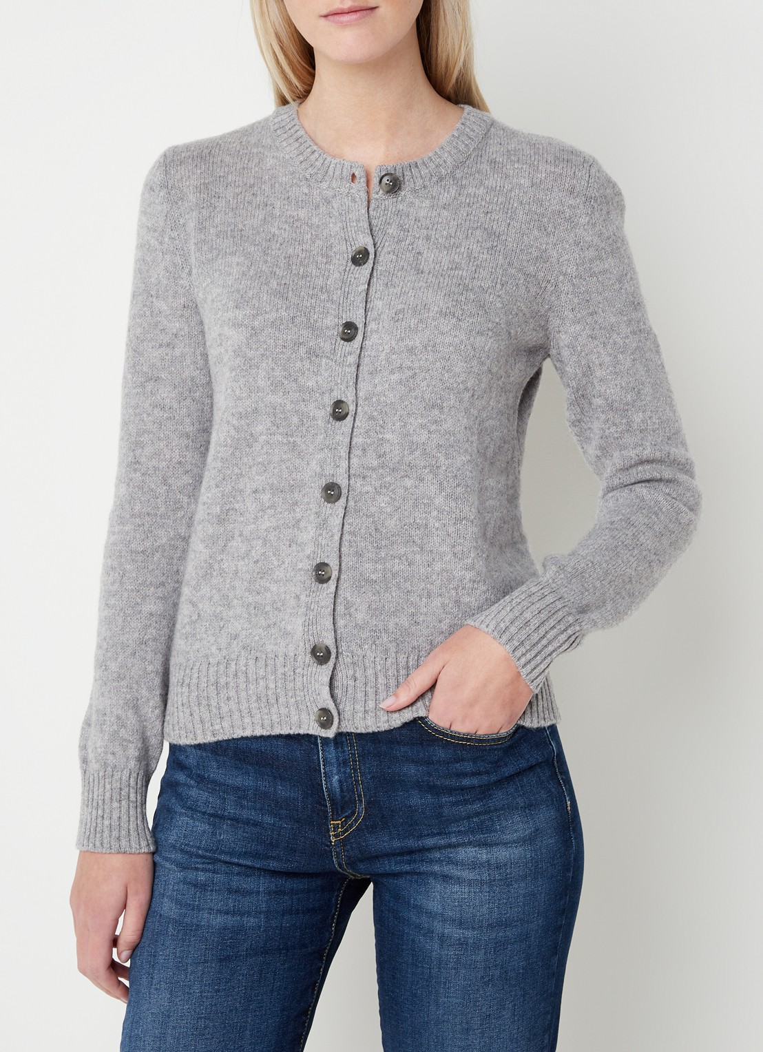 Benetton Fijngebreid vest van wol met ronde hals - detail 3 lichtgrijs