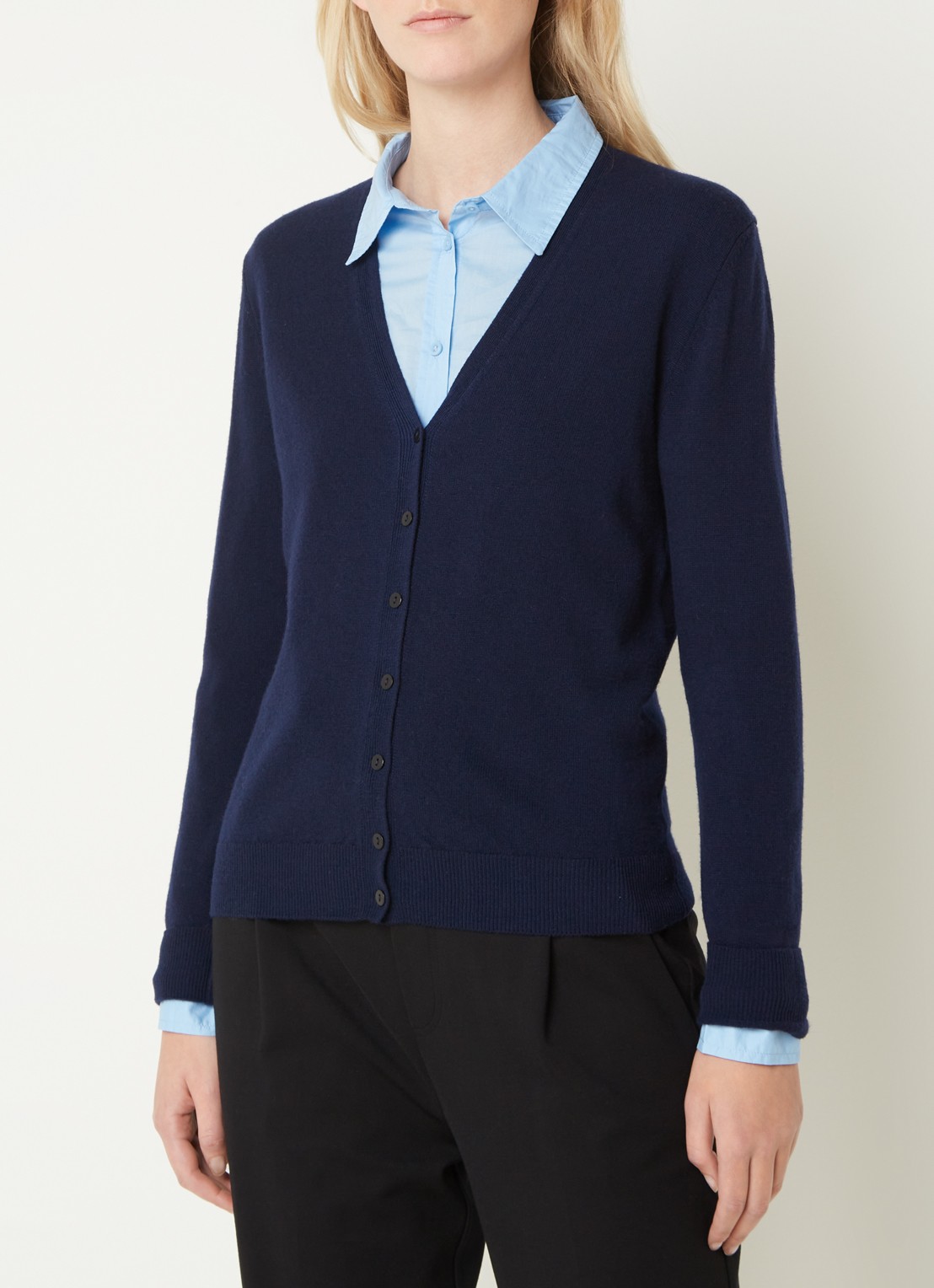 Benetton Fijngebreid vest van wol met stretch - detail donkerblauw
