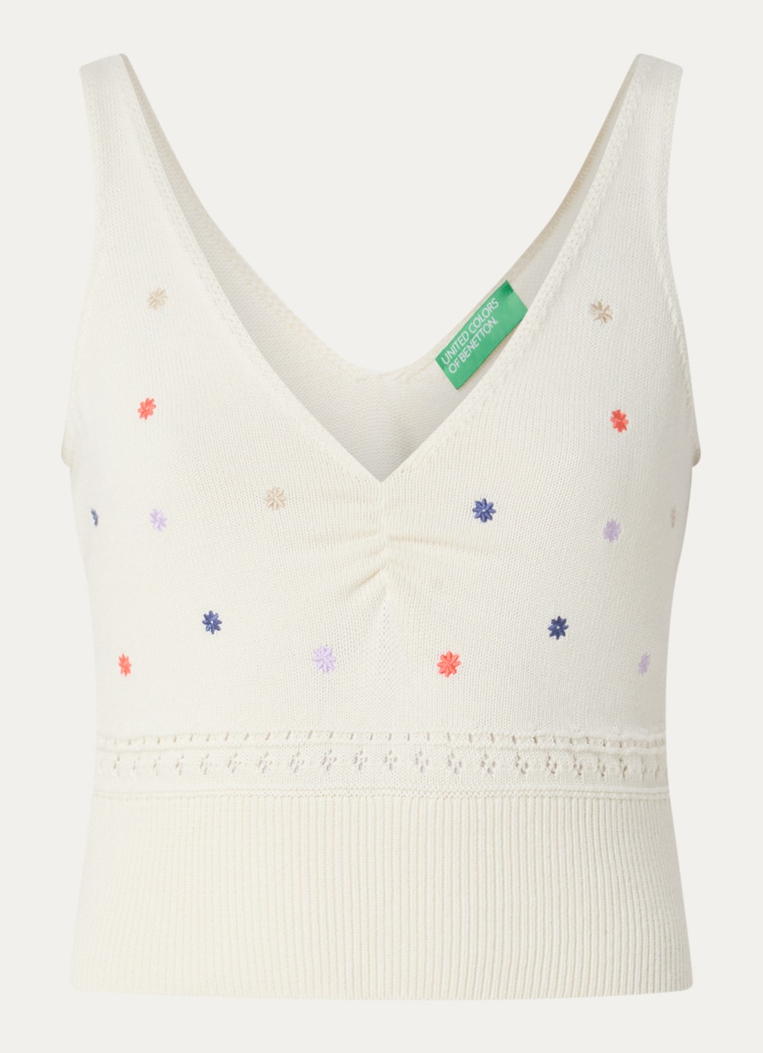 Benetton Fijngebreide cropped tanktop met bloemborduring - voorkant 2 creme