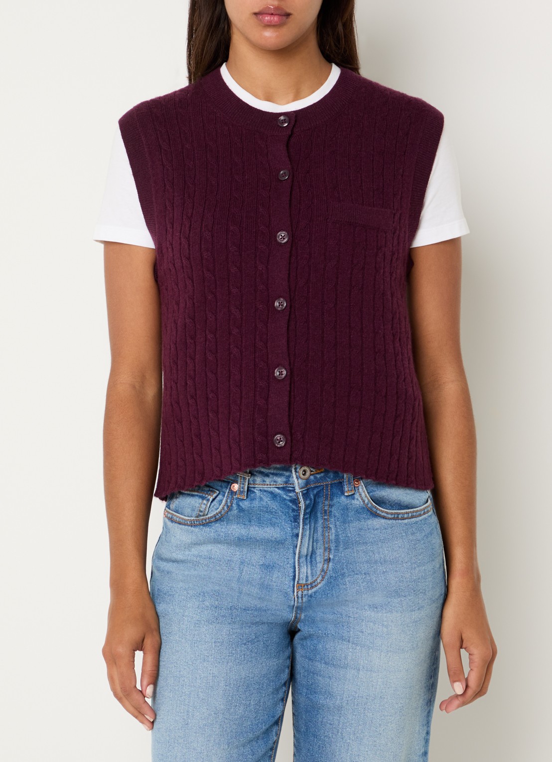 Benetton Fijngebreide gilet in kasjmierblend met borstzak - detail bordeauxrood