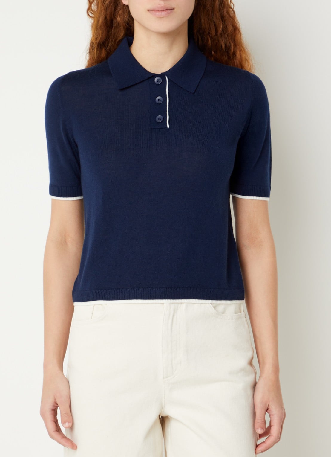 Benetton Fijngebreide polo van scheerwol - detail blauw
