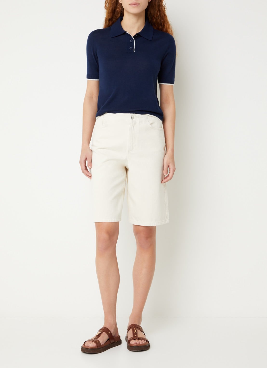 Benetton Fijngebreide polo van scheerwol - voorkant 4 blauw