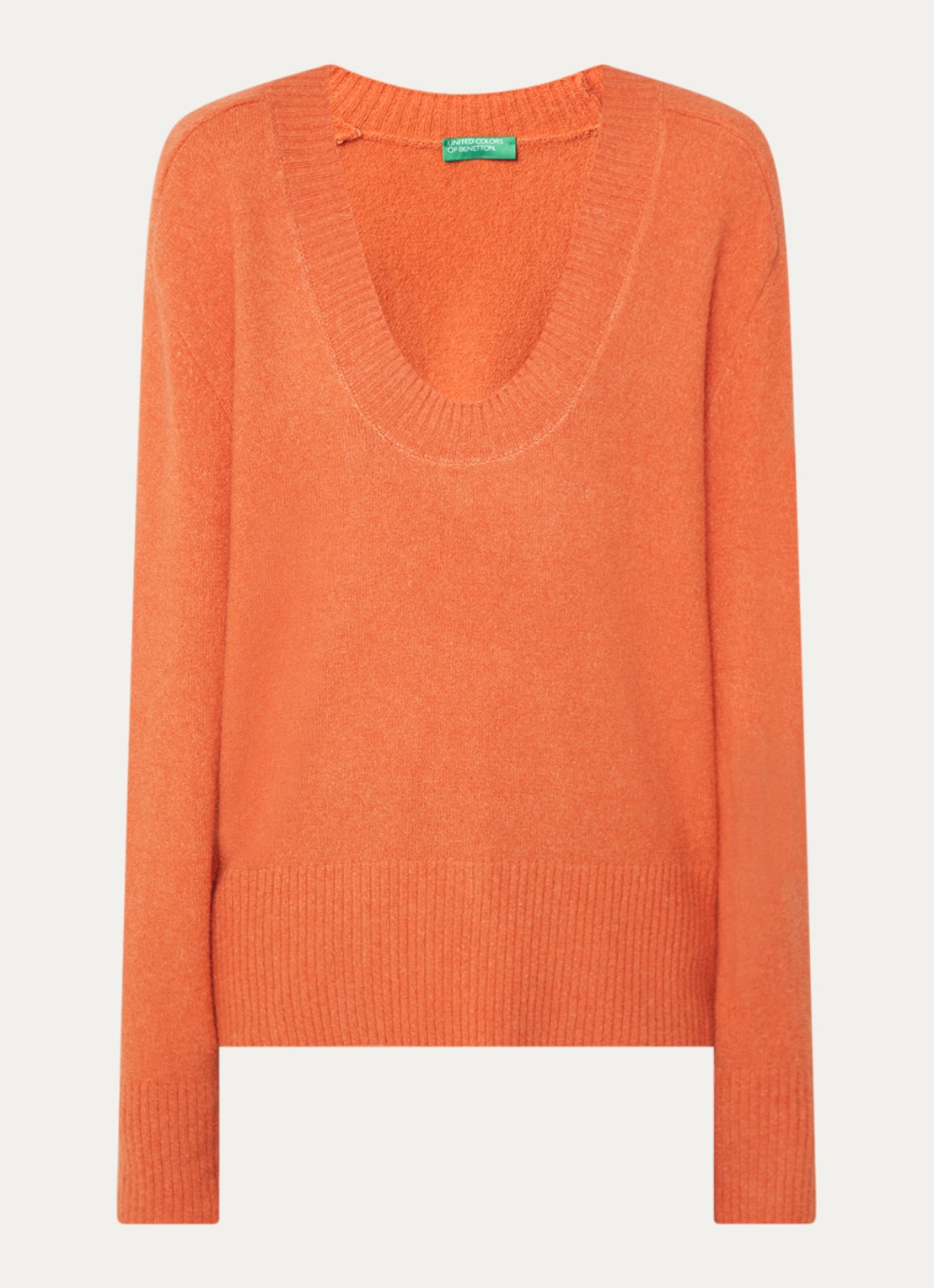 Benetton Fijngebreide pullover in wolblend met V-hals - voorkant oranjerood