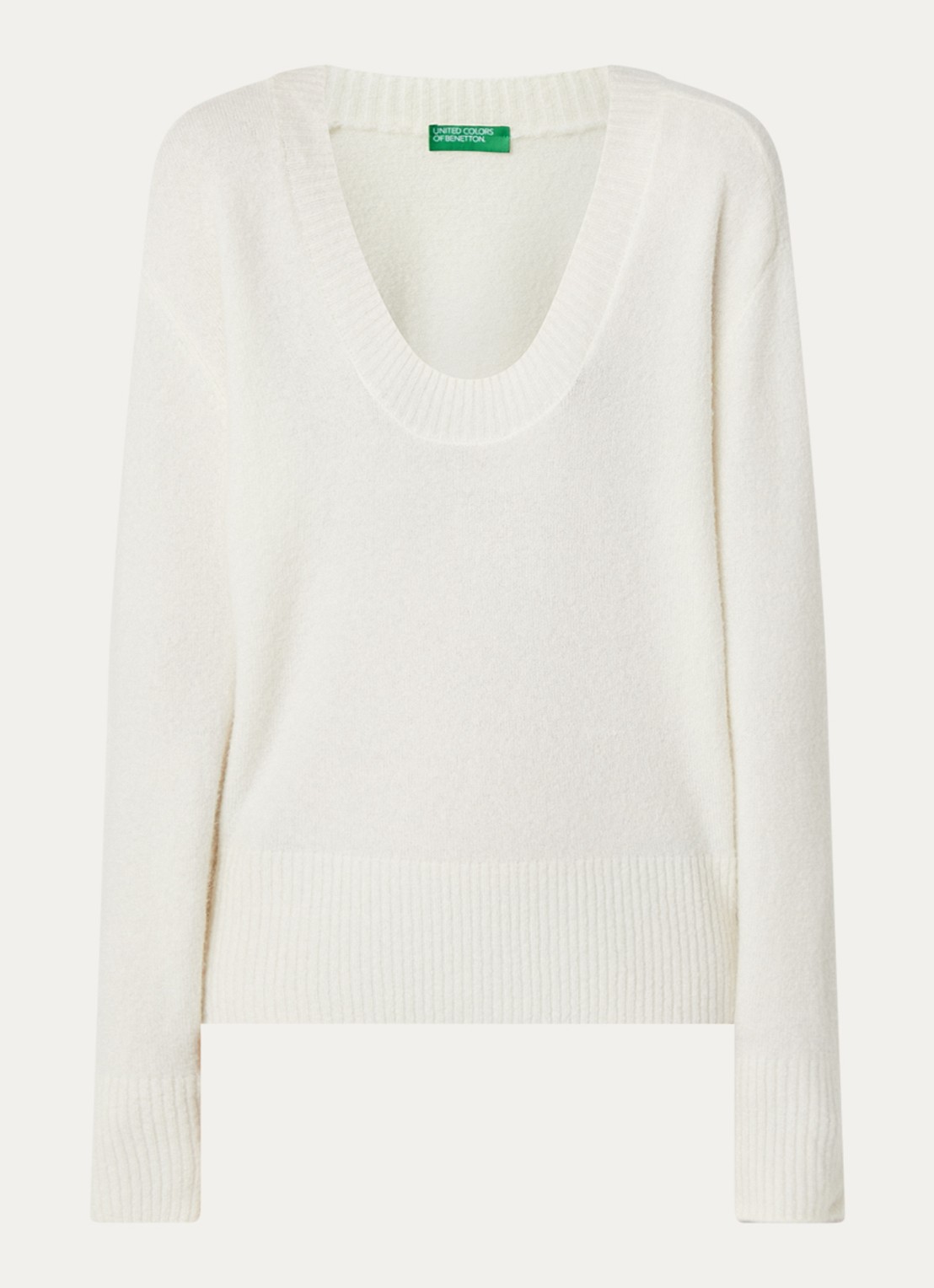 Benetton Fijngebreide pullover in wolblend met V-hals - voorkant 3 gebroken wit
