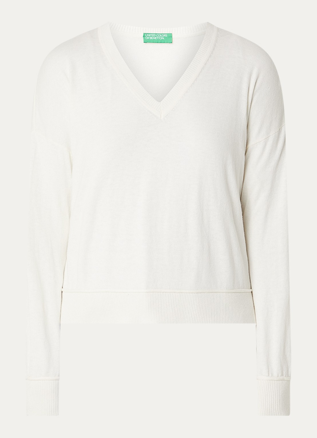 Benetton Fijngebreide pullover in wolblend met V-hals - voorkant creme