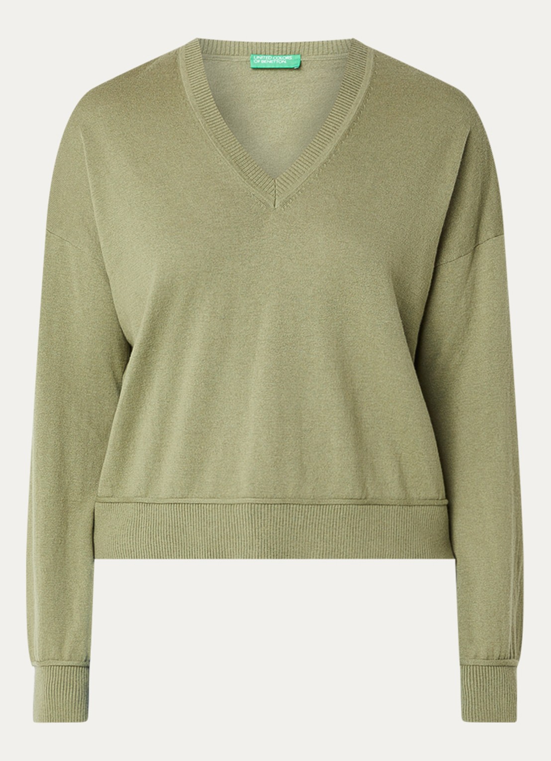 Benetton Fijngebreide pullover in wolblend met V-hals - voorkant 2 groen