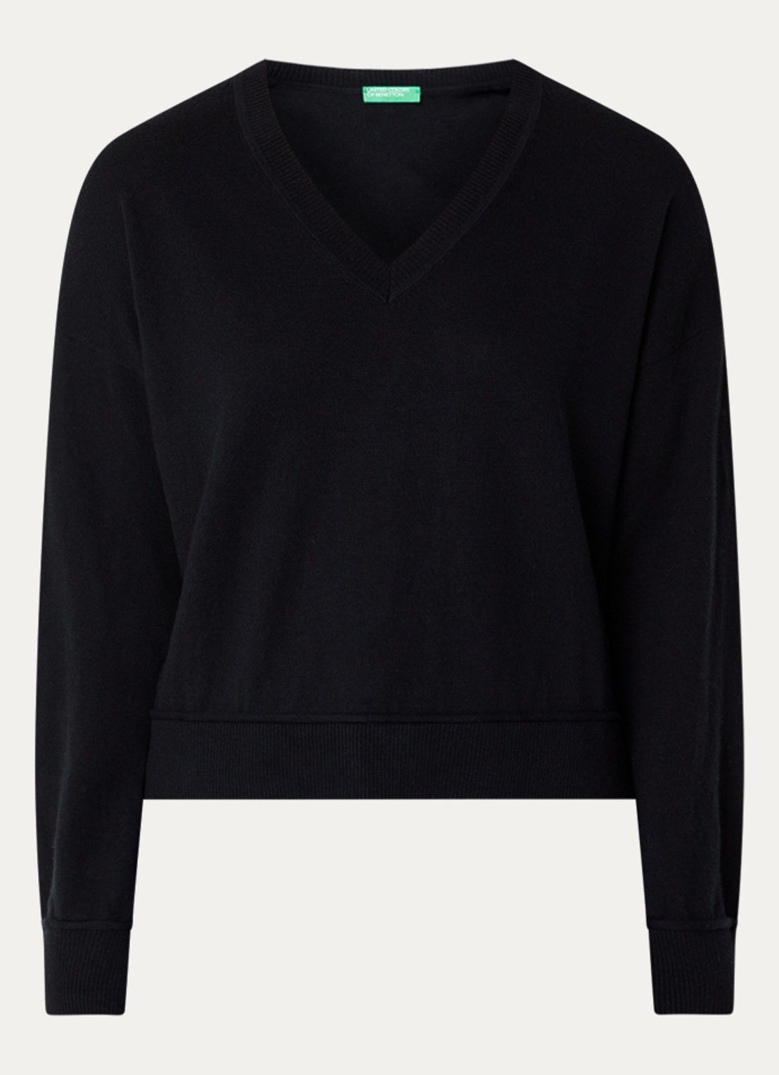 Benetton Fijngebreide pullover in wolblend met V-hals - voorkant zwart