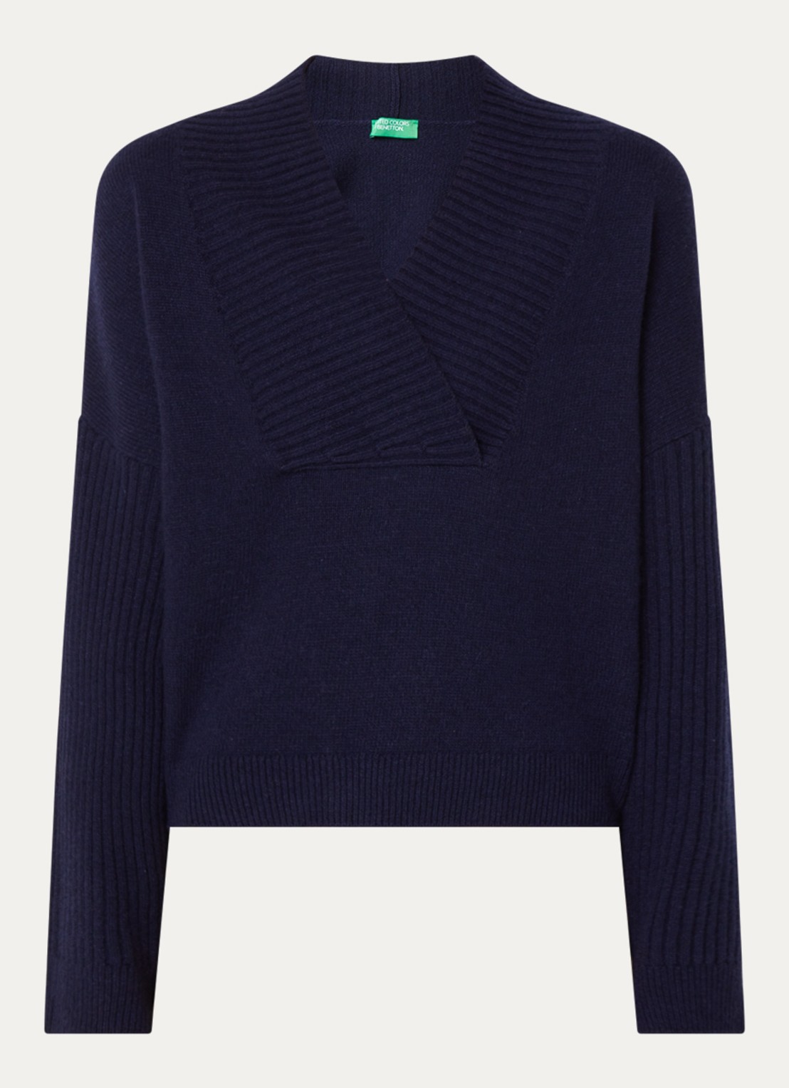 Benetton Fijngebreide pullover in wolblend met V-hals - voorkant royalblauw