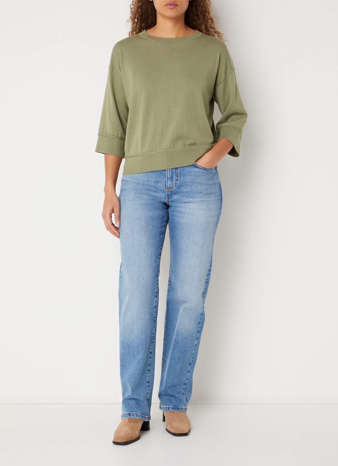 Benetton Fijngebreide pullover in wolblend - voorkant 2 legergroen
