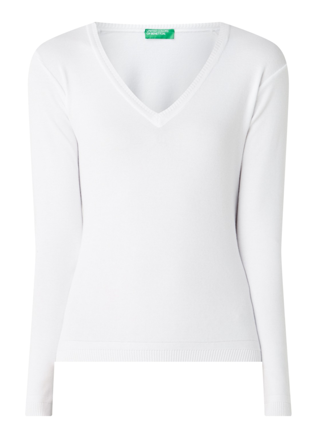 Benetton Fijngebreide pullover met V-hals - voorkant 4 gebroken wit