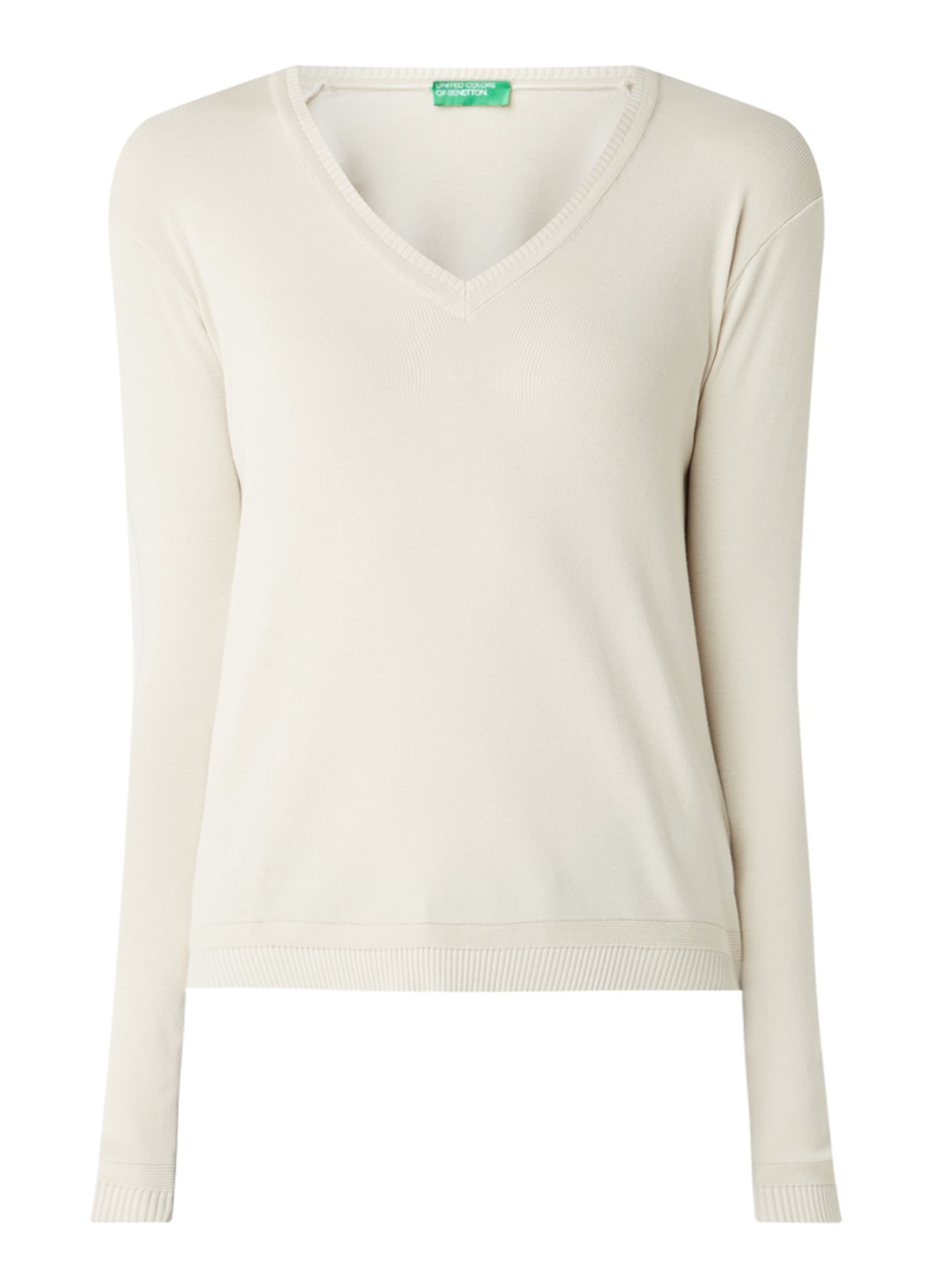 Benetton Fijngebreide pullover met V-hals - voorkant zand