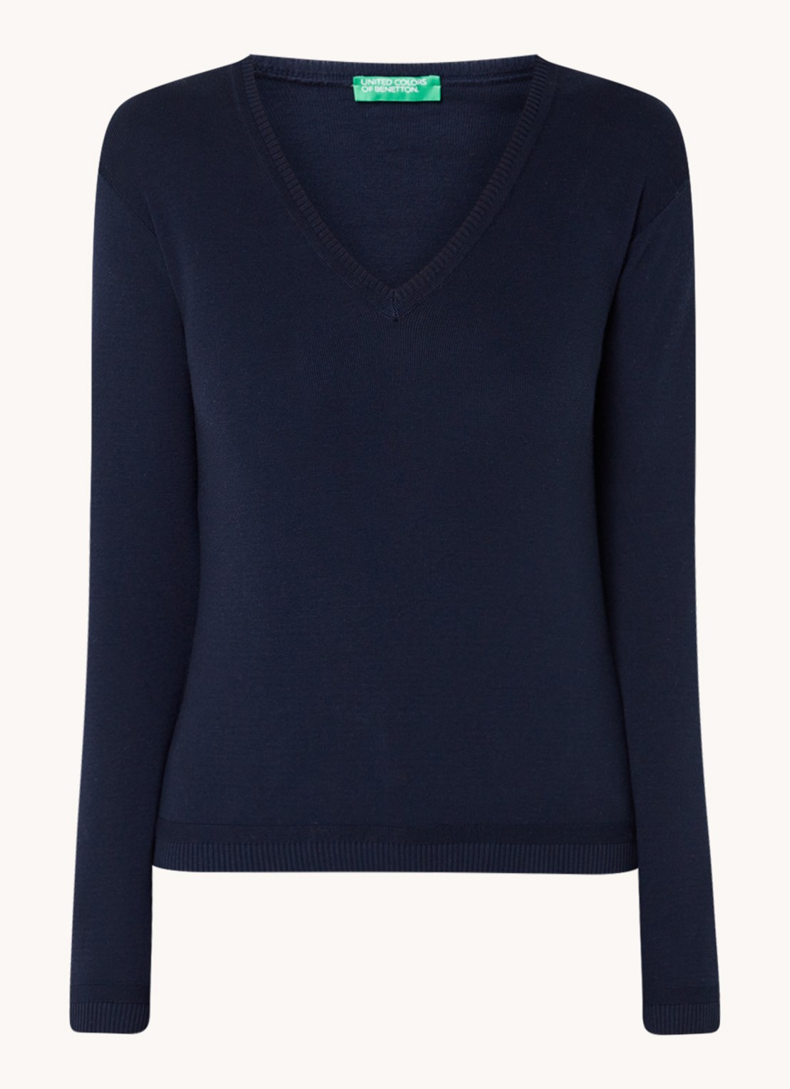 Benetton Fijngebreide pullover met V-hals - voorkant 3 donkerblauw