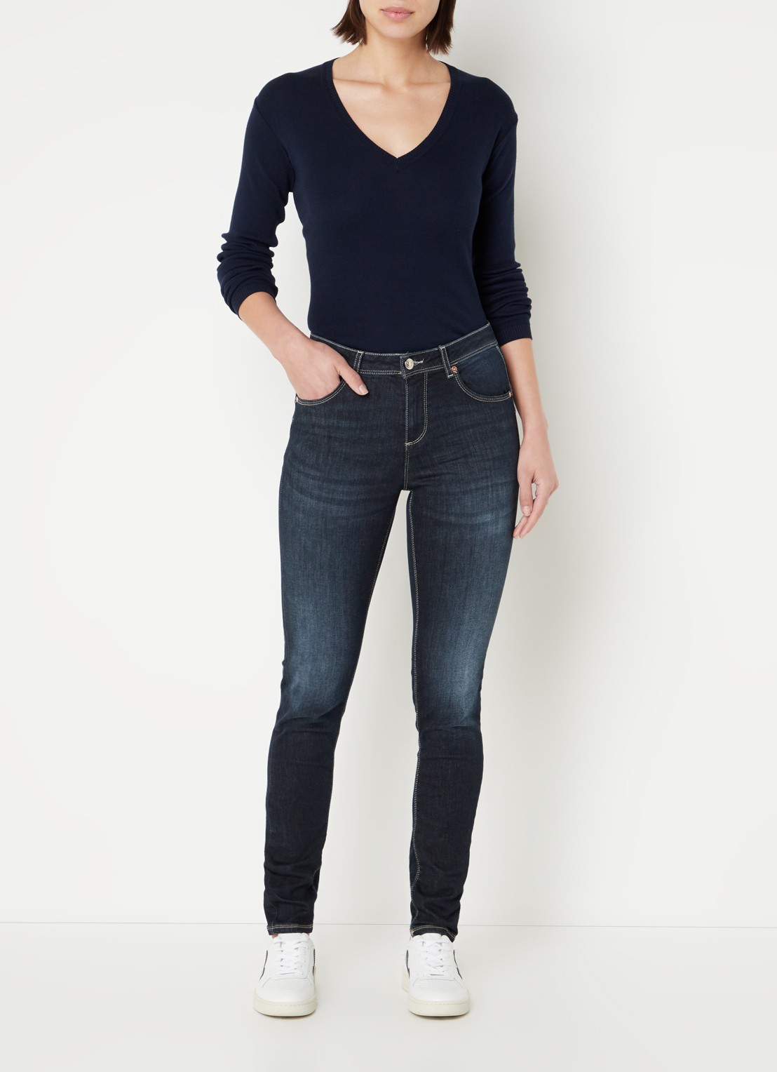 Benetton Fijngebreide pullover met V-hals - voorkant 4 donkerblauw