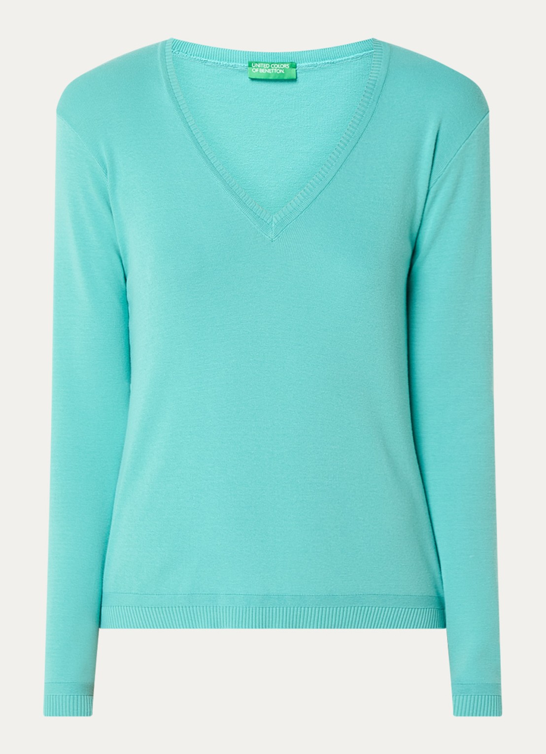 Benetton Fijngebreide pullover met V-hals - voorkant 3 turquoise