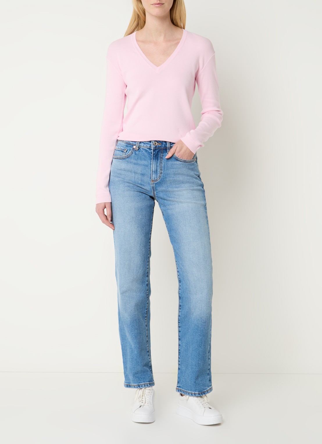 Benetton Fijngebreide pullover met V-hals - voorkant 4 oudroze