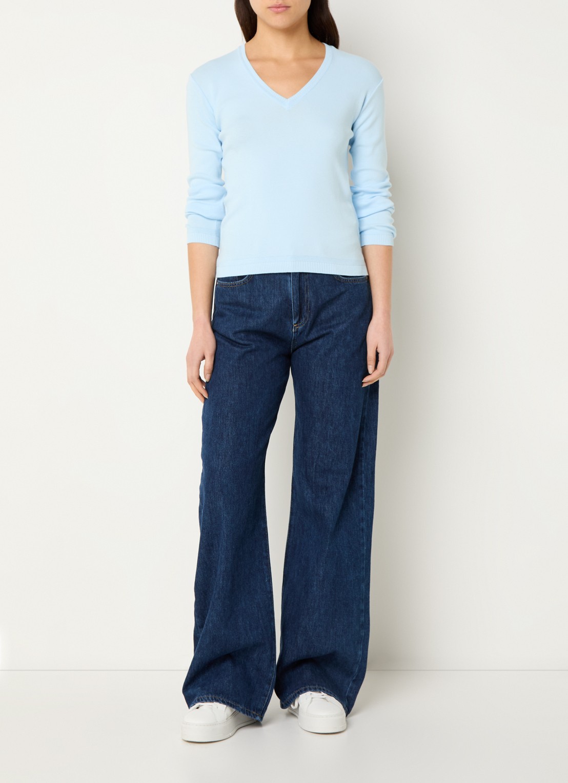 Benetton Fijngebreide pullover met V-hals - voorkant 4 lichtblauw