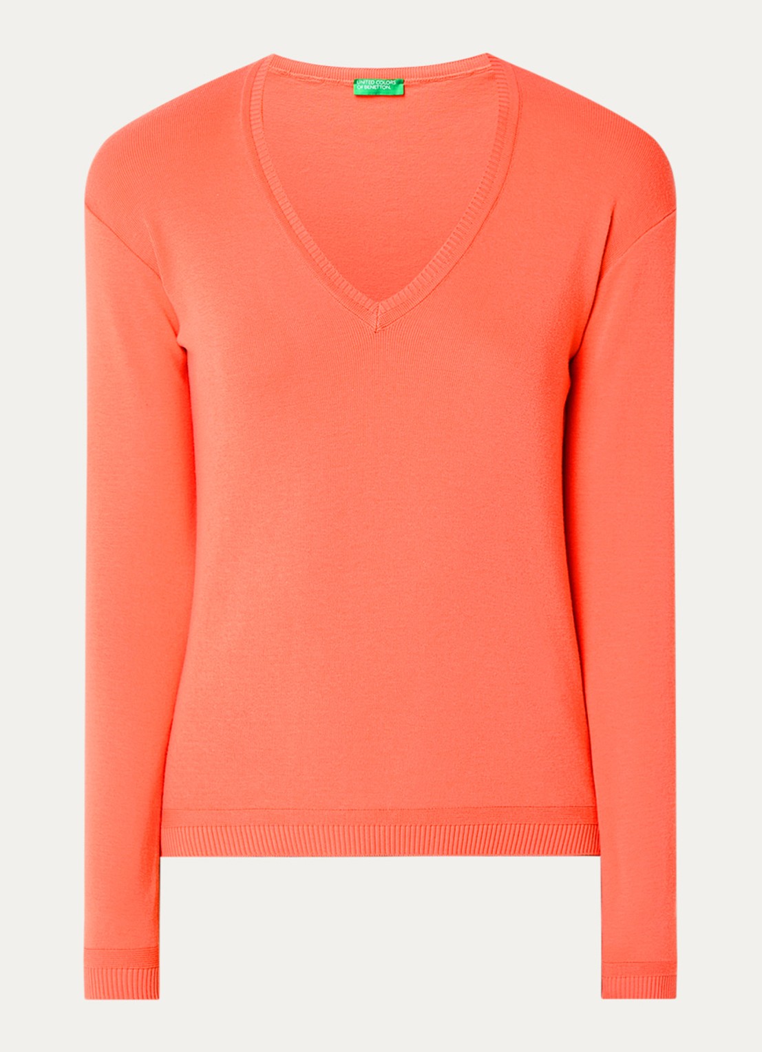 Benetton Fijngebreide pullover met V-hals - voorkant oranje
