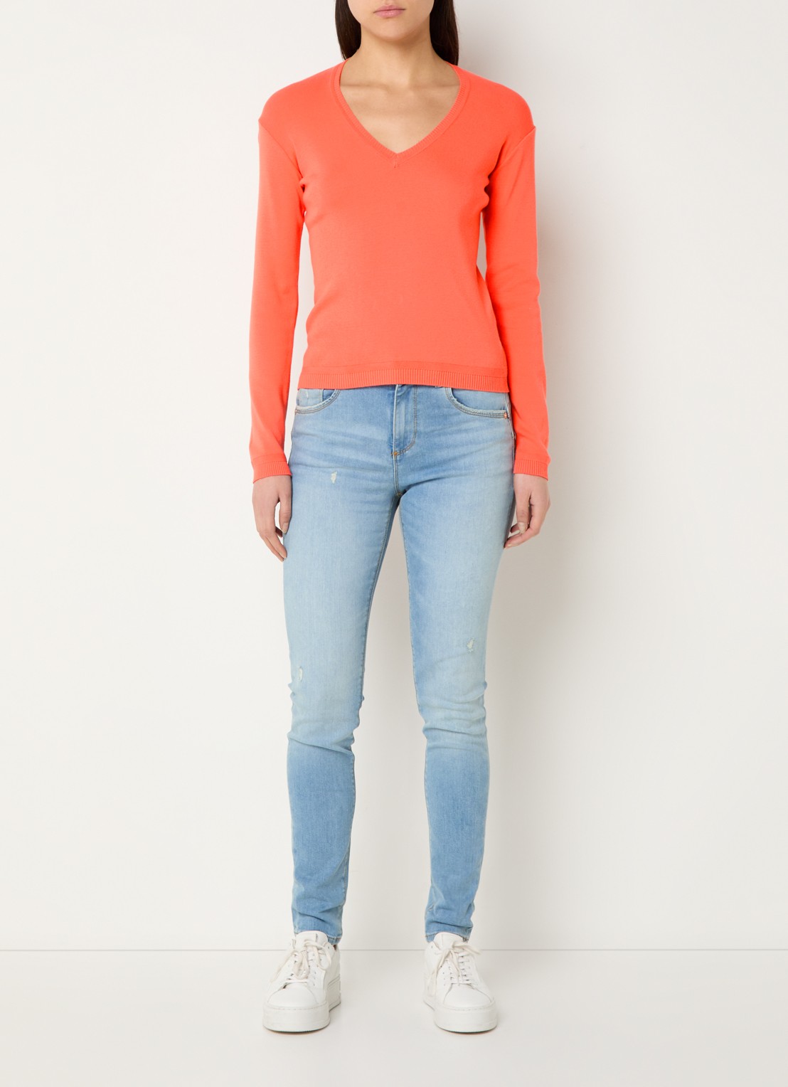 Benetton Fijngebreide pullover met V-hals - voorkant 2 oranje