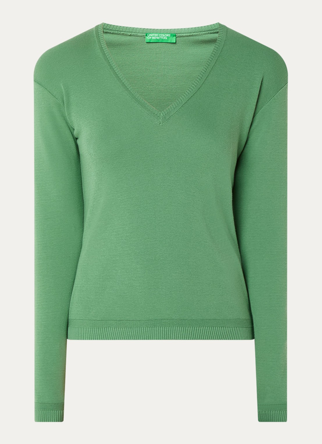 Benetton Fijngebreide pullover met V-hals - voorkant 3 olijfgroen