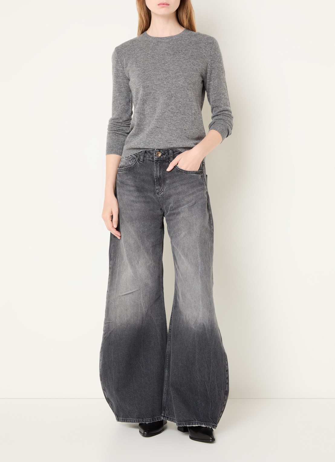 Benetton Fijngebreide pullover van merino wol - voorkant 3 middengrijs