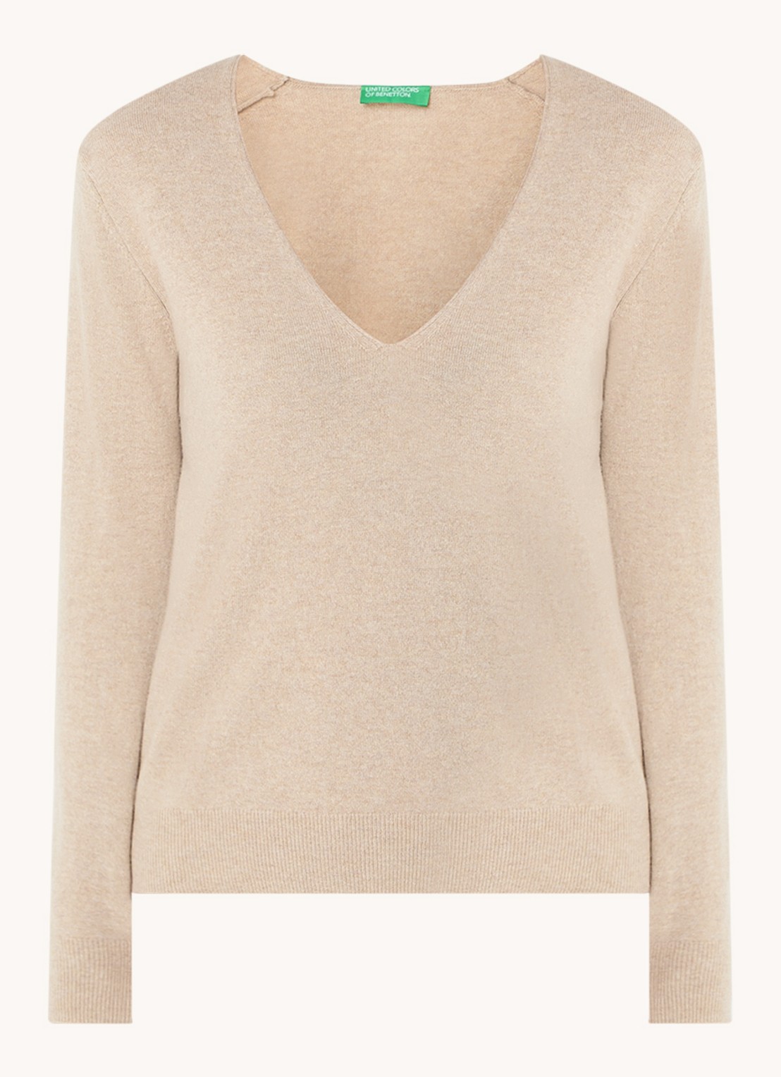 Benetton Fijngebreide pullover van scheerwol met V-hals - voorkant 2 beige