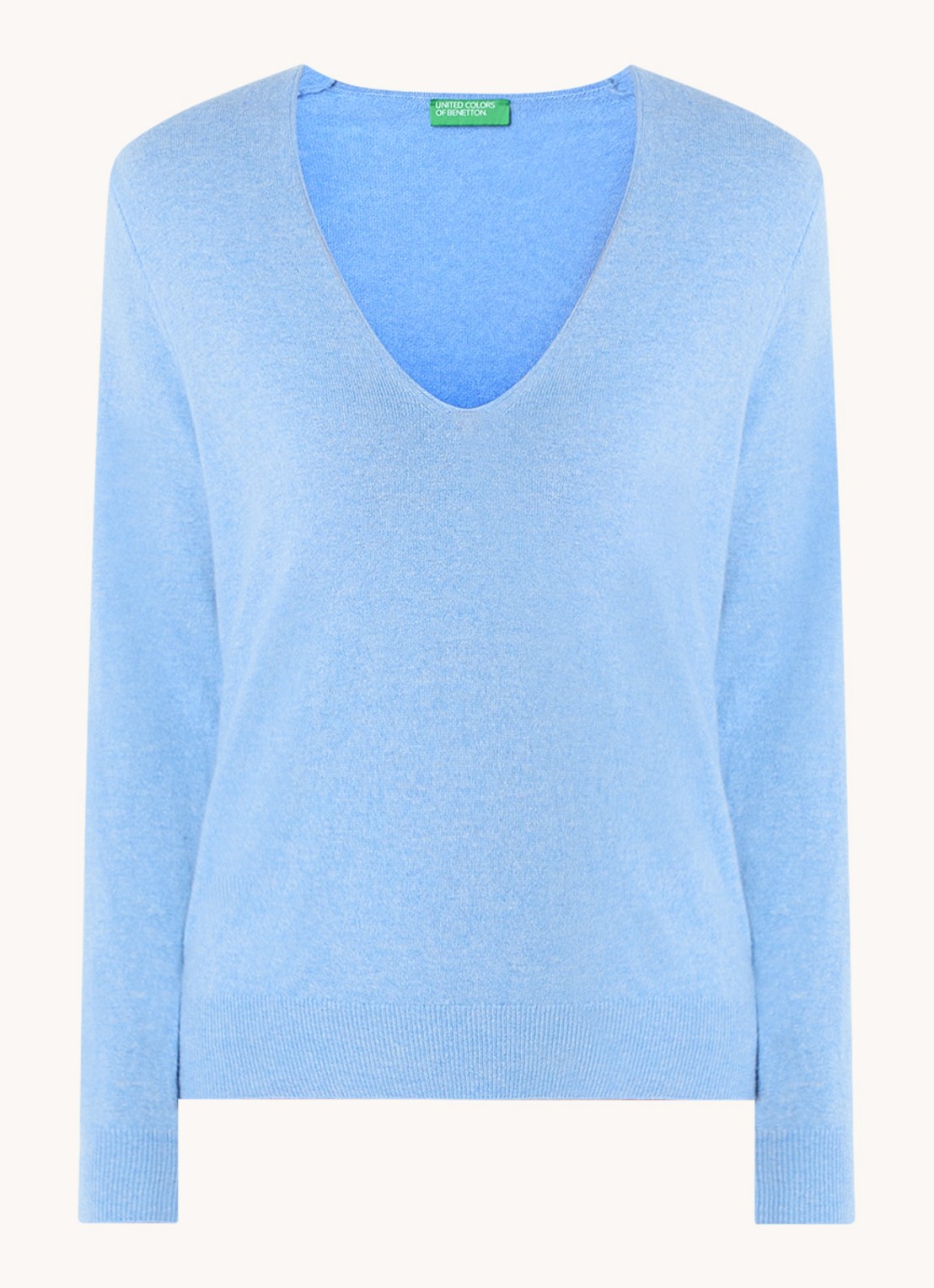 Benetton Fijngebreide pullover van scheerwol met V-hals - voorkant 3 blauwgrijs