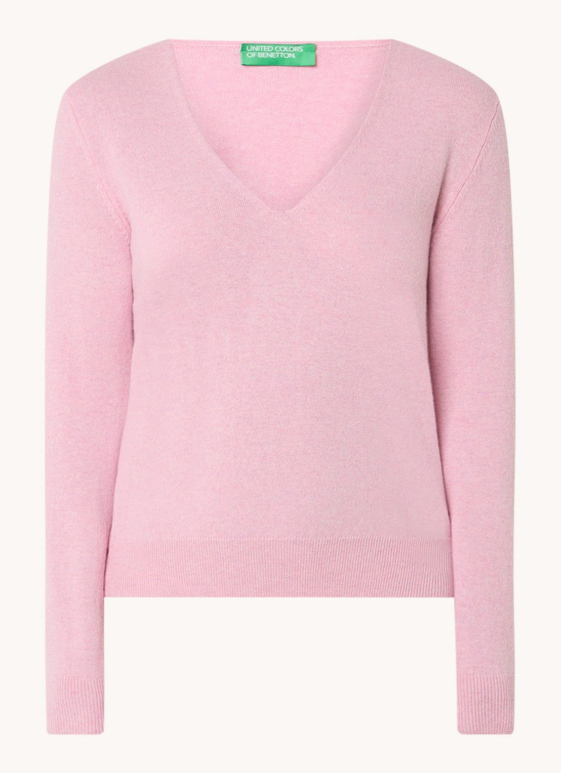 Benetton Fijngebreide pullover van scheerwol met V-hals - voorkant 3 lichtroze